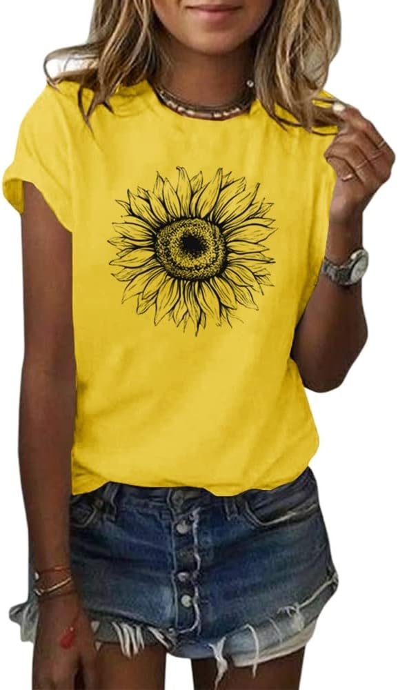 Women's T Shirts Short Sleeve Tees Sunflower Graphic Loose Summer Tops