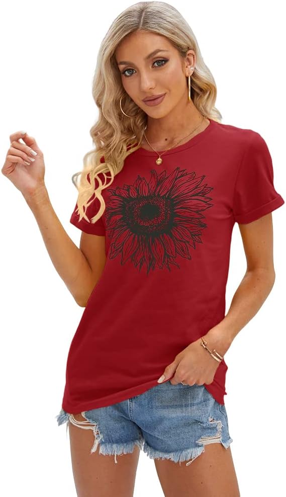 Women's T Shirts Short Sleeve Tees Sunflower Graphic Loose Summer Tops