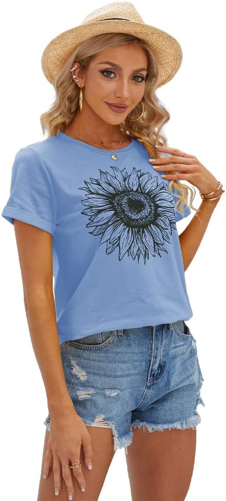 Women's T Shirts Short Sleeve Tees Sunflower Graphic Loose Summer Tops