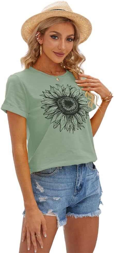 Women's T Shirts Short Sleeve Tees Sunflower Graphic Loose Summer Tops