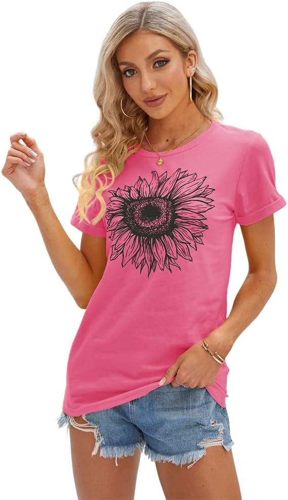 Women's T Shirts Short Sleeve Tees Sunflower Graphic Loose Summer Tops
