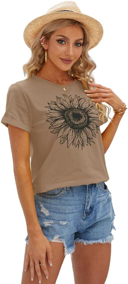 Women's T Shirts Short Sleeve Tees Sunflower Graphic Loose Summer Tops