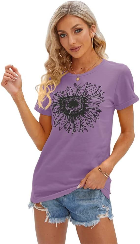 Women's T Shirts Short Sleeve Tees Sunflower Graphic Loose Summer Tops