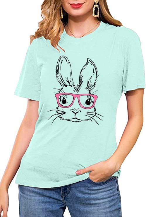 Funny Bunny Print T Shirt for Women Cute Grapic Leopard Shirts Family Blouse Gifts Easter Tops Tee