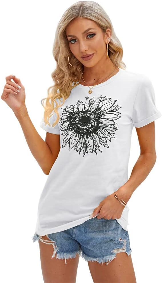 Women's T Shirts Short Sleeve Tees Sunflower Graphic Loose Summer Tops