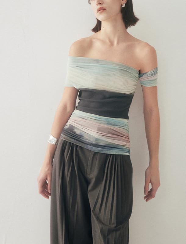 Women's Off-Shoulder Tie-Dye Mesh Patchwork T-Shirt, Soft Cotton Blend Summer Blouse