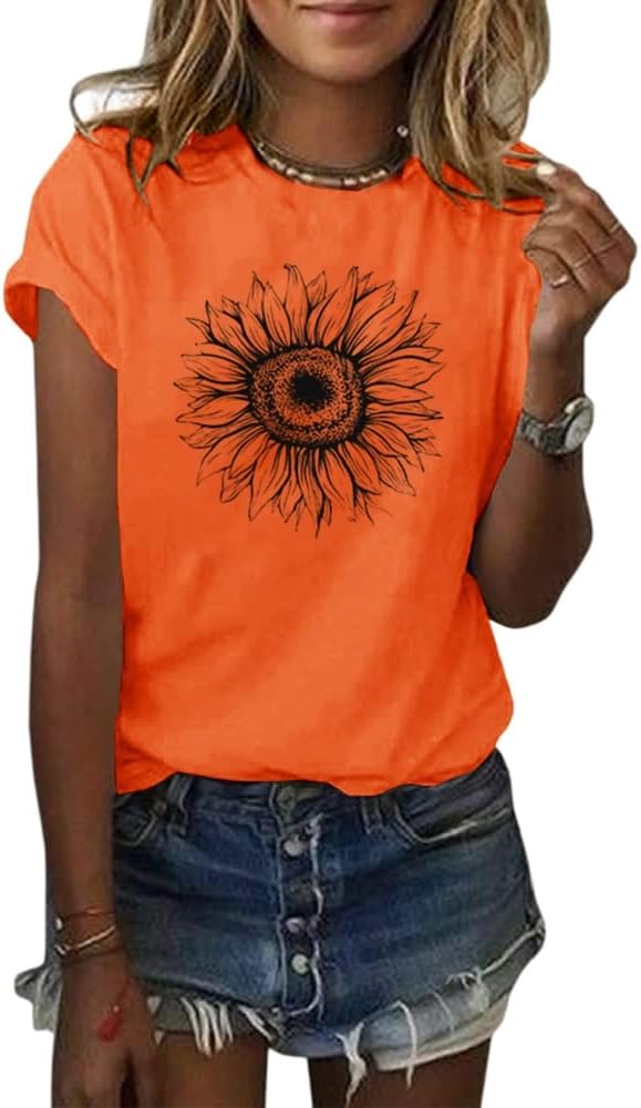 Women's T Shirts Short Sleeve Tees Sunflower Graphic Loose Summer Tops