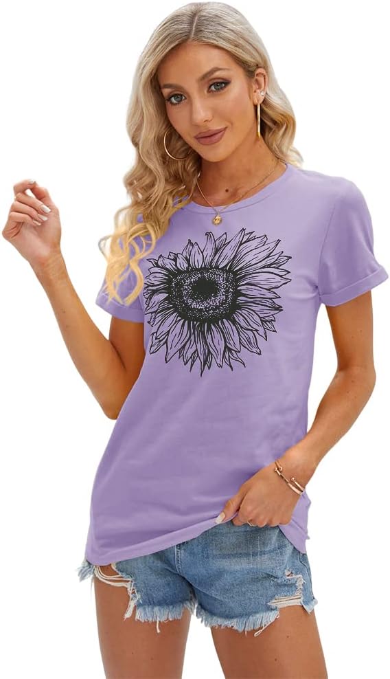 Women's T Shirts Short Sleeve Tees Sunflower Graphic Loose Summer Tops