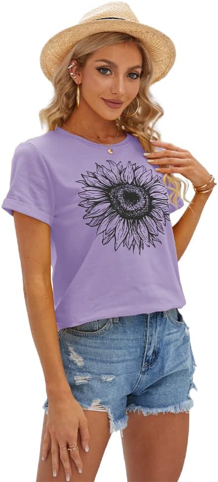 Women's T Shirts Short Sleeve Tees Sunflower Graphic Loose Summer Tops