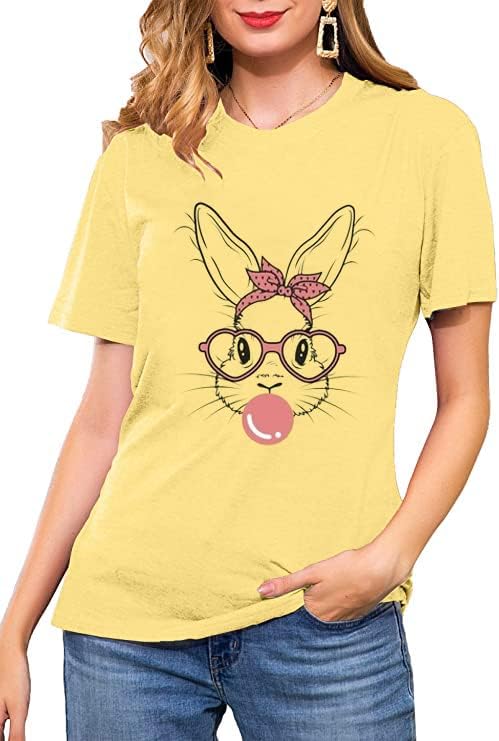 Funny Bunny Print T Shirt for Women Cute Grapic Leopard Shirts Family Blouse Gifts Easter Tops Tee
