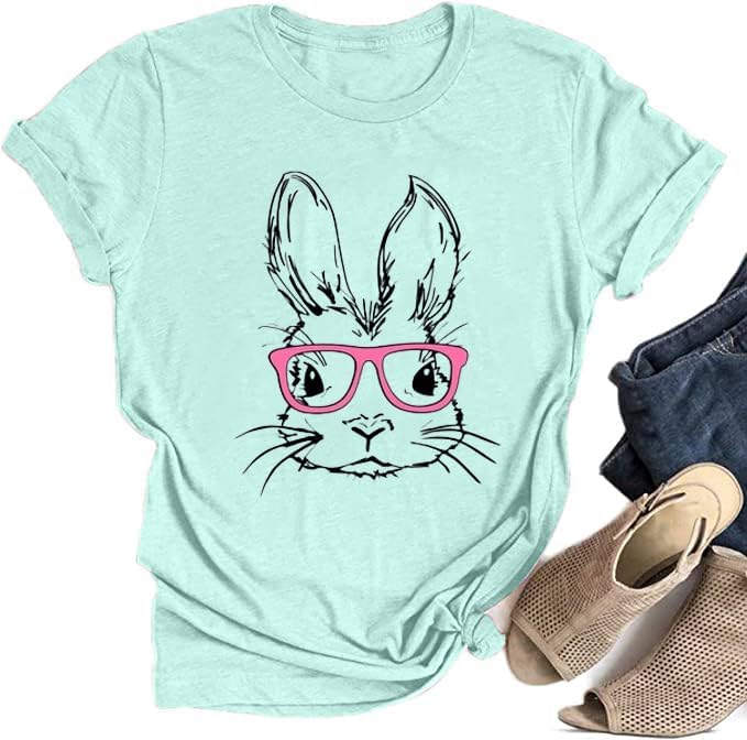 Funny Bunny Print T Shirt for Women Cute Grapic Leopard Shirts Family Blouse Gifts Easter Tops Tee