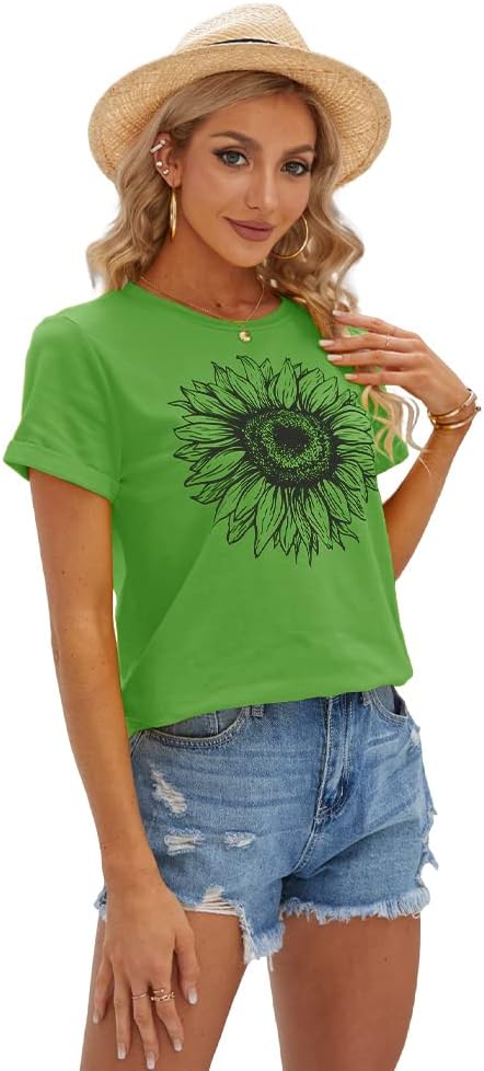 Women's T Shirts Short Sleeve Tees Sunflower Graphic Loose Summer Tops