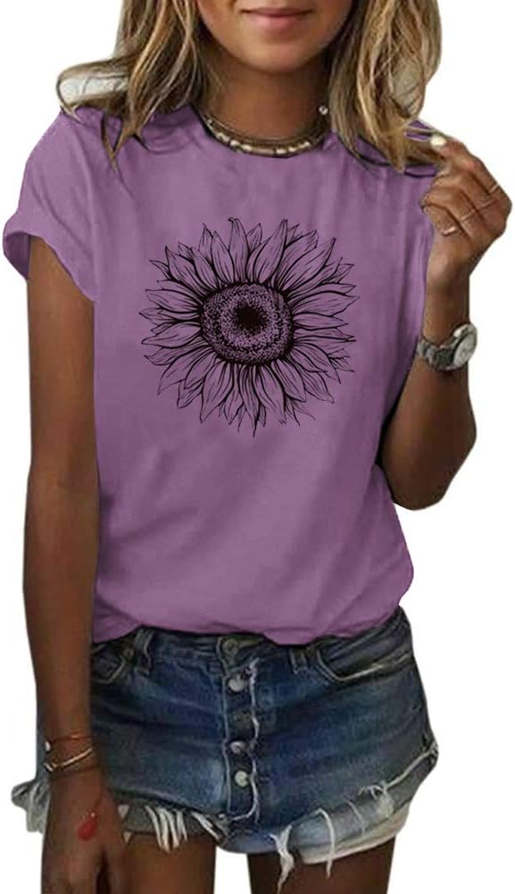 Women's T Shirts Short Sleeve Tees Sunflower Graphic Loose Summer Tops