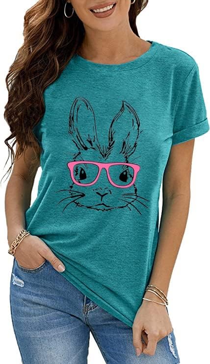 Funny Bunny Print T Shirt for Women Cute Grapic Leopard Shirts Family Blouse Gifts Easter Tops Tee