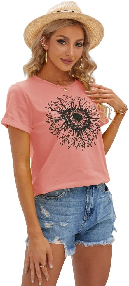 Women's T Shirts Short Sleeve Tees Sunflower Graphic Loose Summer Tops