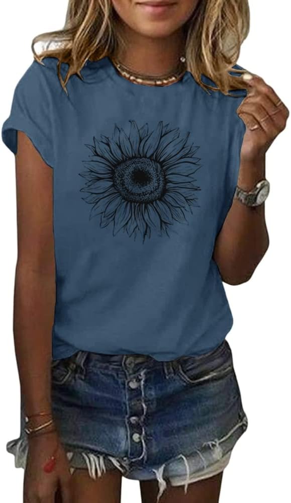 Women's T Shirts Short Sleeve Tees Sunflower Graphic Loose Summer Tops
