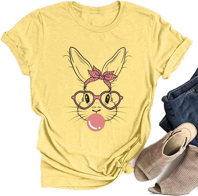 Funny Bunny Print T Shirt for Women Cute Grapic Leopard Shirts Family Blouse Gifts Easter Tops Tee