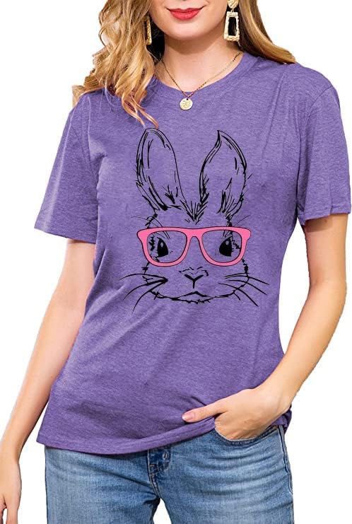 Funny Bunny Print T Shirt for Women Cute Grapic Leopard Shirts Family Blouse Gifts Easter Tops Tee