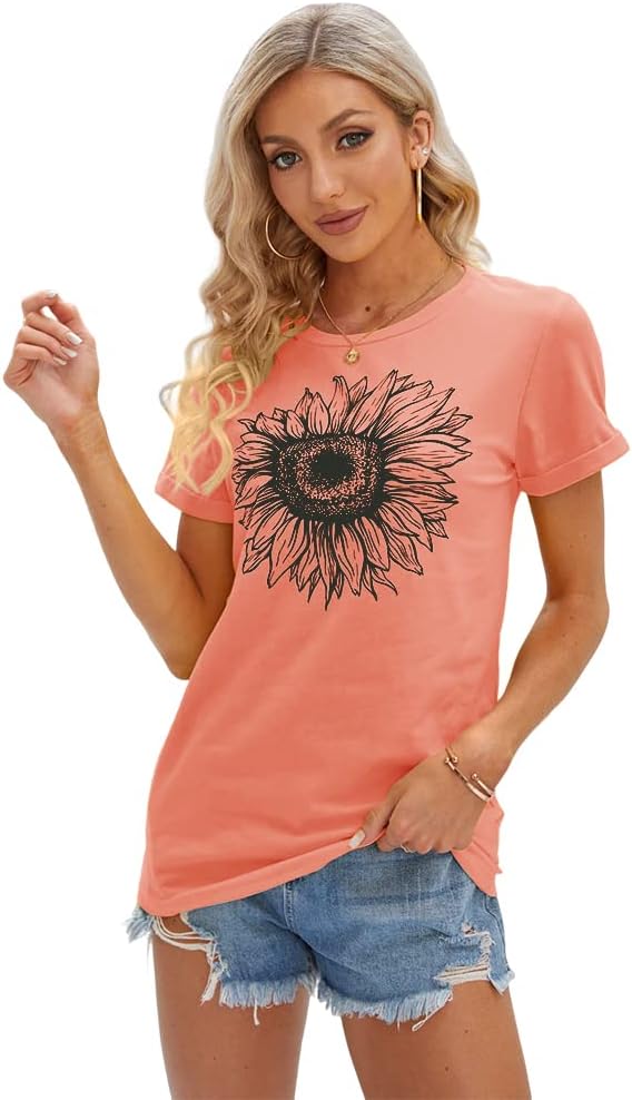 Women's T Shirts Short Sleeve Tees Sunflower Graphic Loose Summer Tops