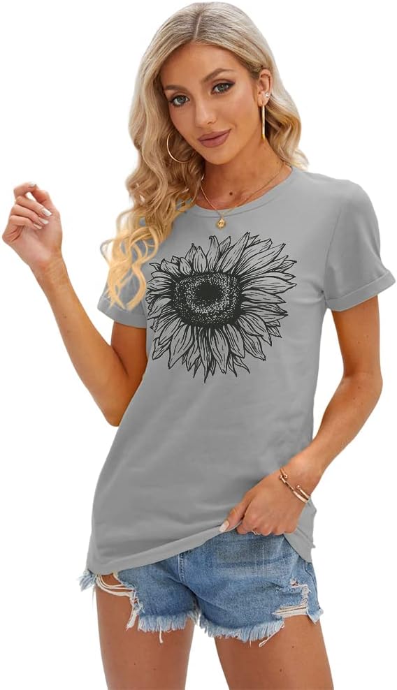 Women's T Shirts Short Sleeve Tees Sunflower Graphic Loose Summer Tops