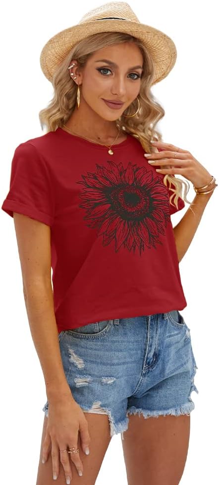 Women's T Shirts Short Sleeve Tees Sunflower Graphic Loose Summer Tops