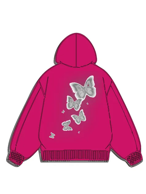 360g Silver Future Butterflies Printed Wash Old Cotton Hoodie