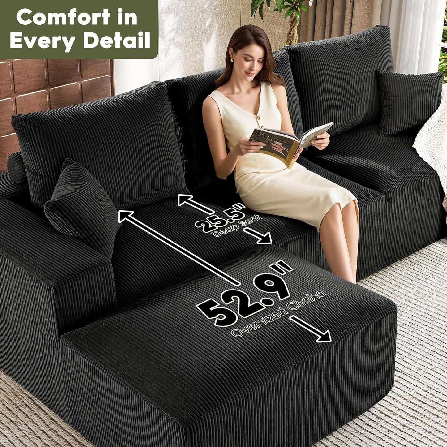 108 Inch Corduroy Cloud Sectional Sofa with Chaise Green