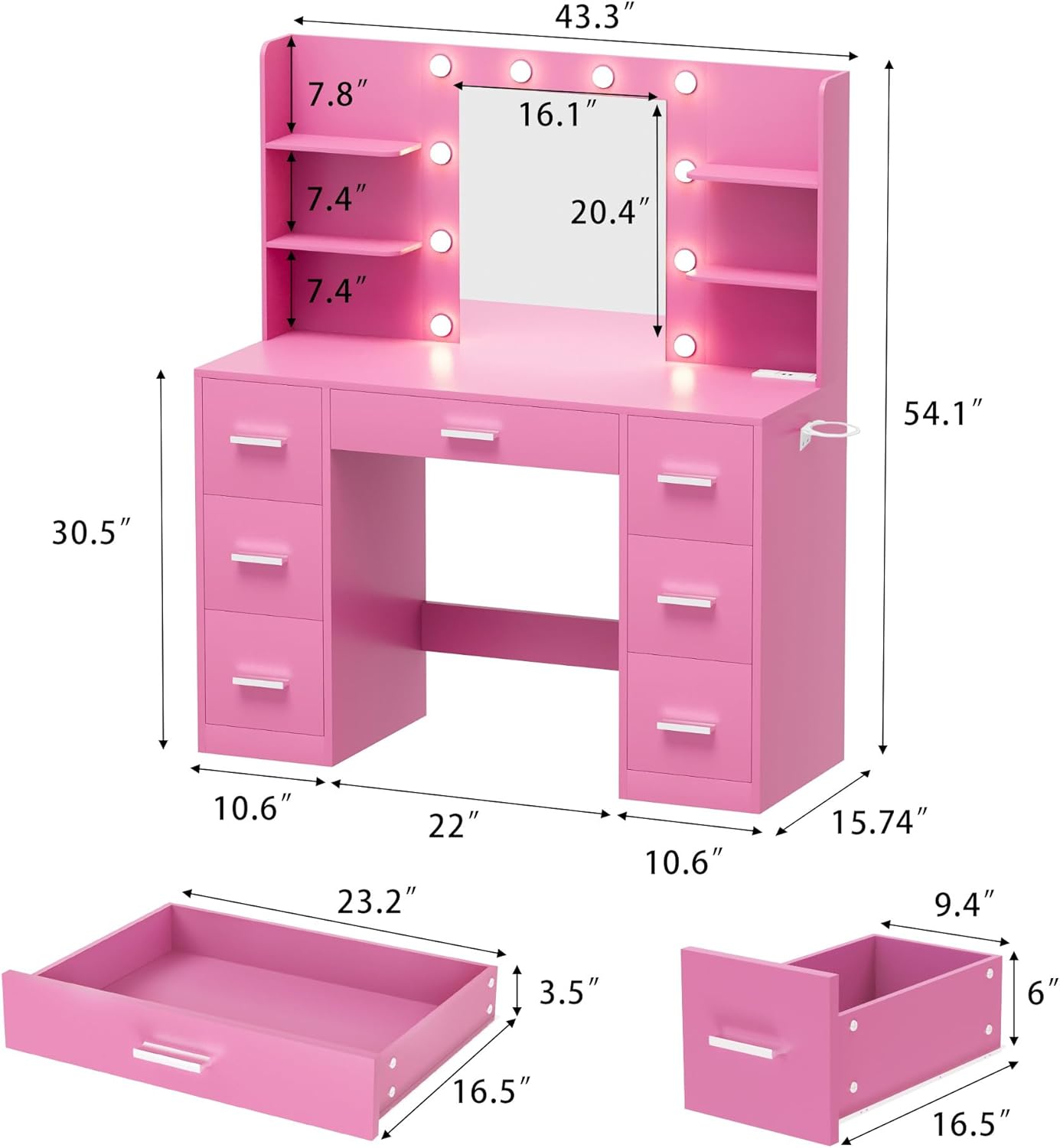 Furmax Vanity Desk with Mirror LED Lights and Power Outlet Makeup Vanity Table