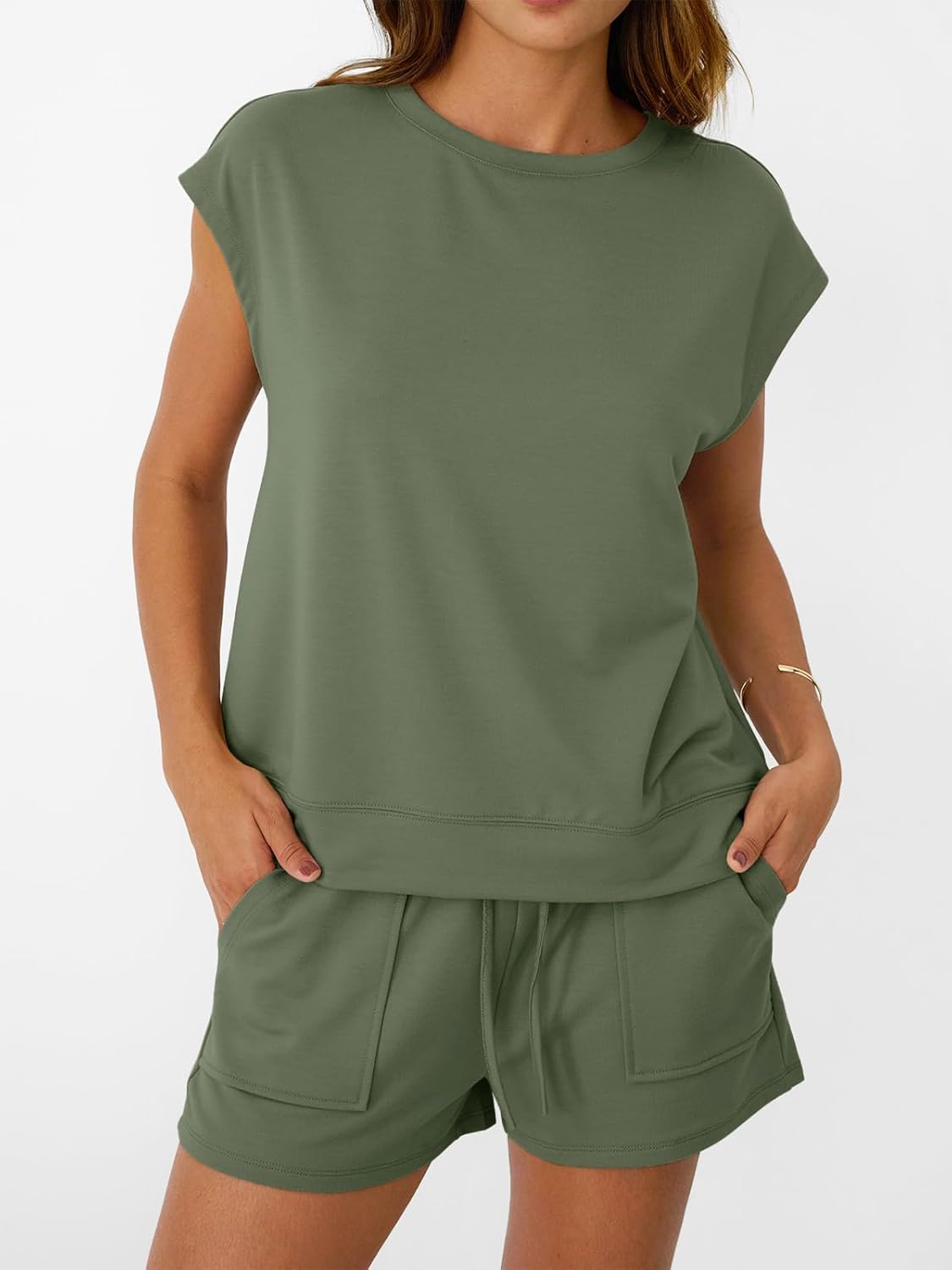 Womens Crew Neck Two Piece short Sets Cap Sleeve Drawstring Sweatsuit with Pocket