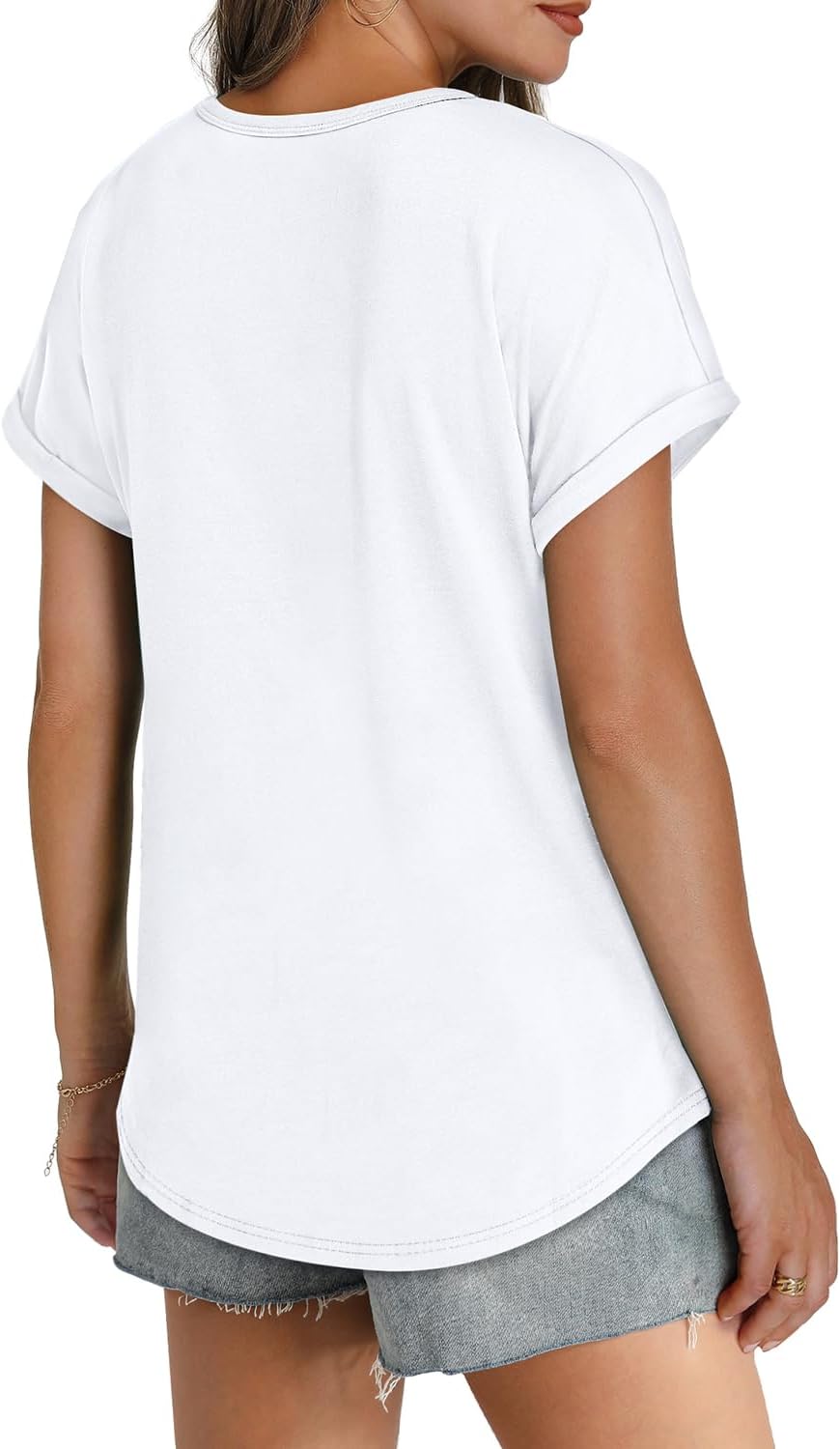 Womens T Shirts Crew Neck Rolled Short Sleeve Basic Summer Tees Curved Hem