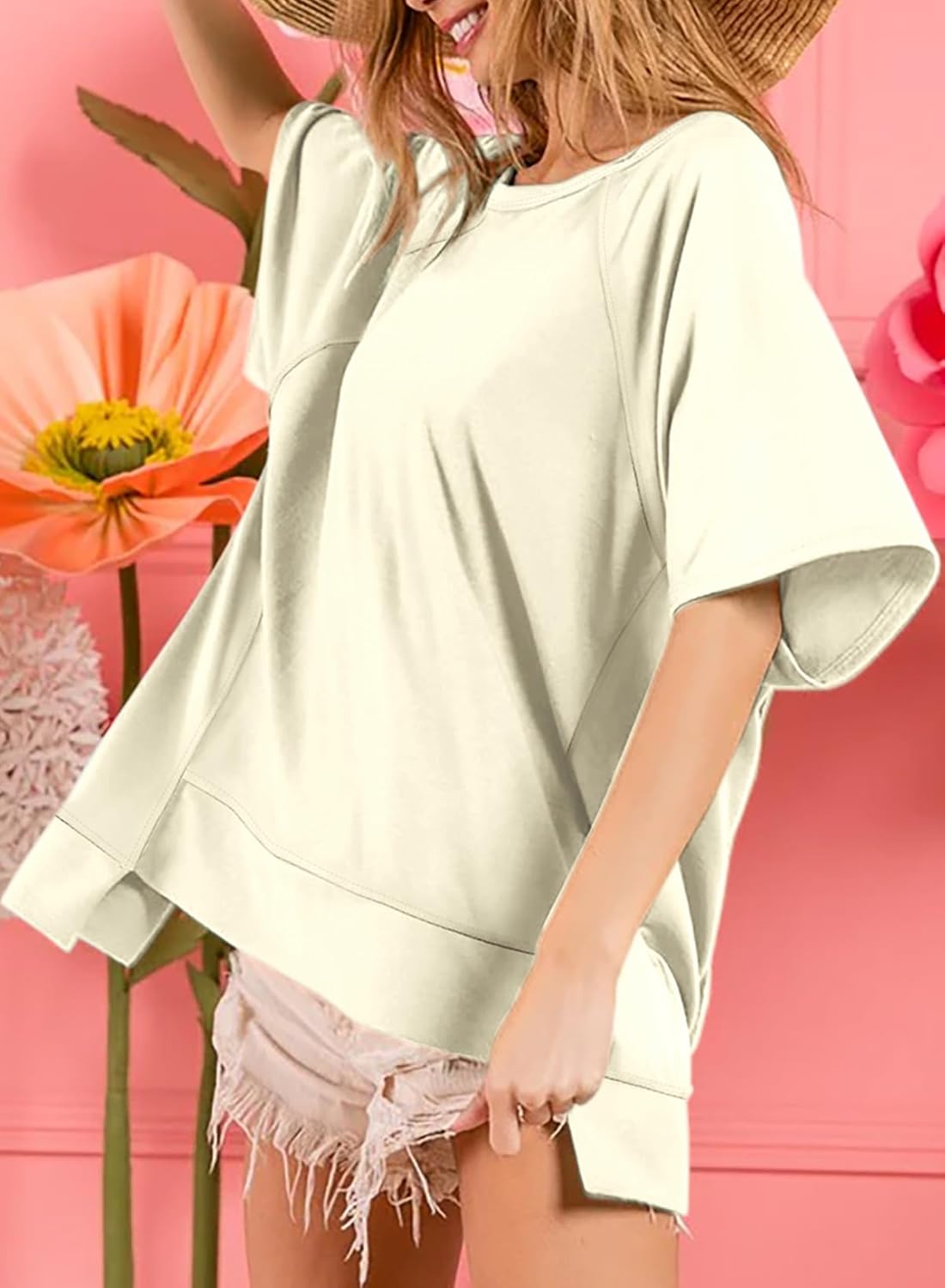 Crewneck Short Sleeve Casual Summer Tops Lightweight Loose High Low Blouse