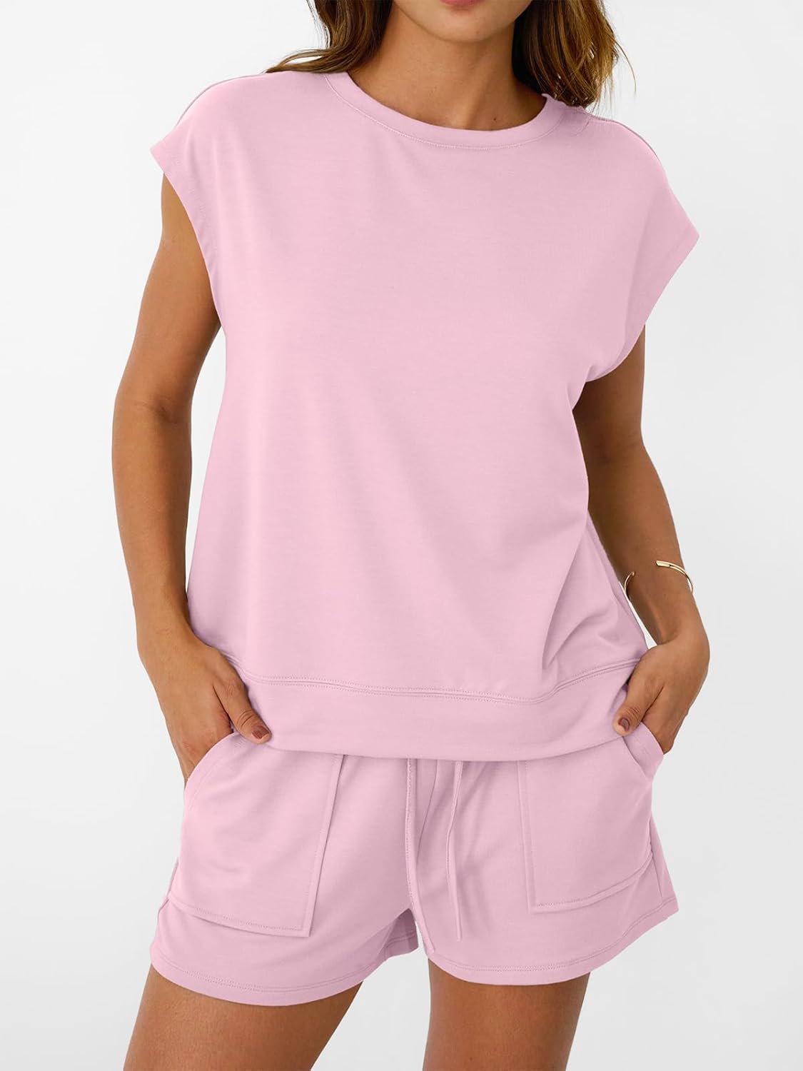 Womens Crew Neck Two Piece short Sets Cap Sleeve Drawstring Sweatsuit with Pocket
