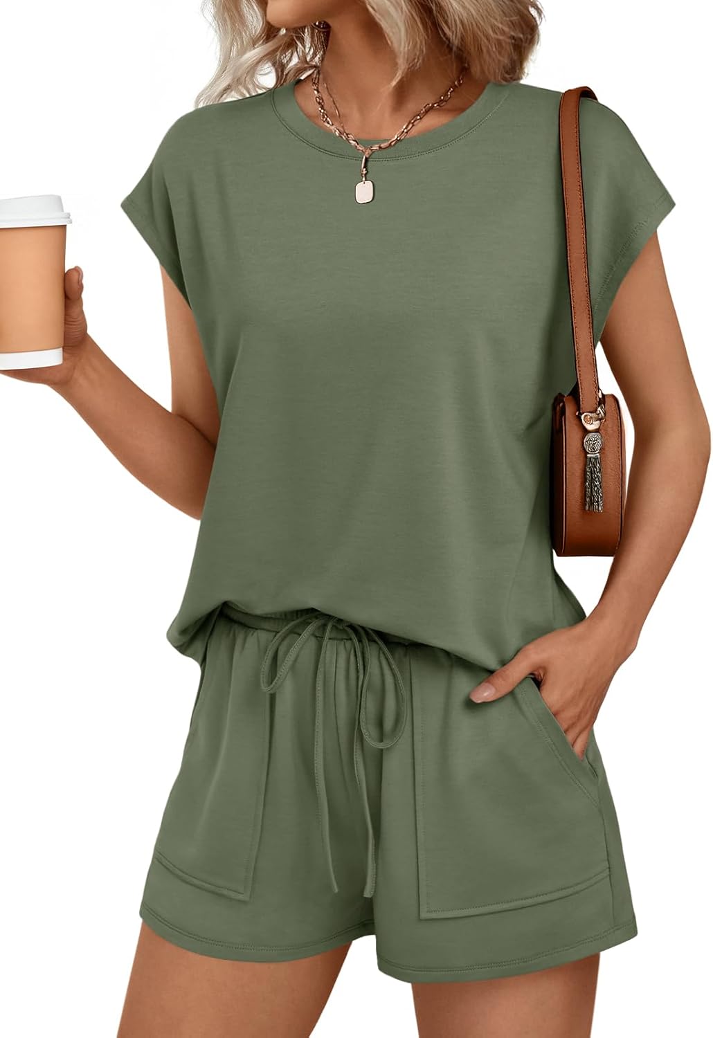 Womens Crew Neck Two Piece short Sets Cap Sleeve Drawstring Sweatsuit with Pocket