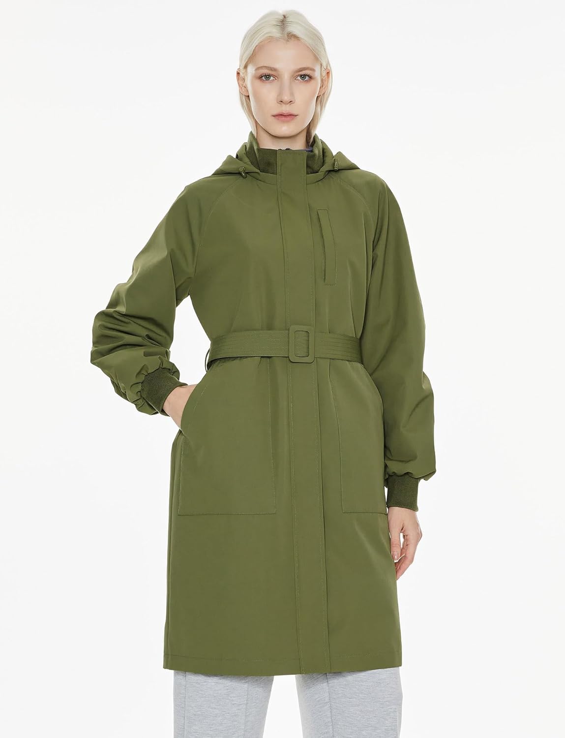 Womens Casual Hooded Raincoat Lightweight Long Zip Up Windbreaker Jacket with Belt
