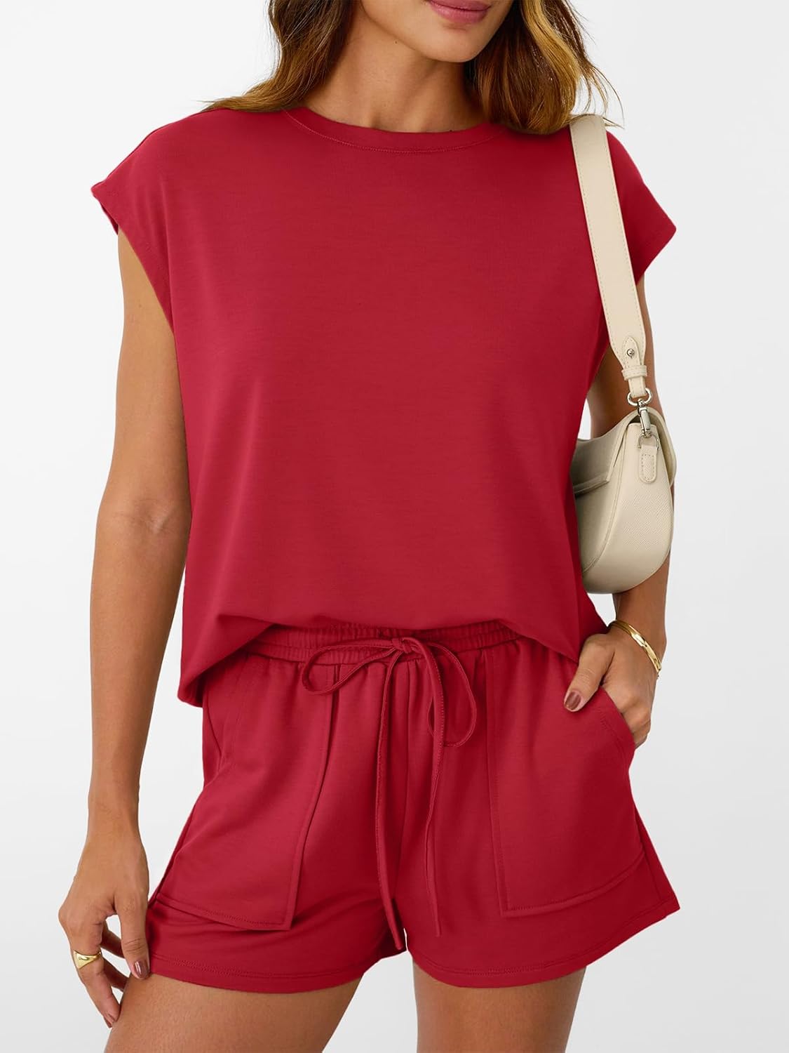 Womens Crew Neck Two Piece short Sets Cap Sleeve Drawstring Sweatsuit with Pocket