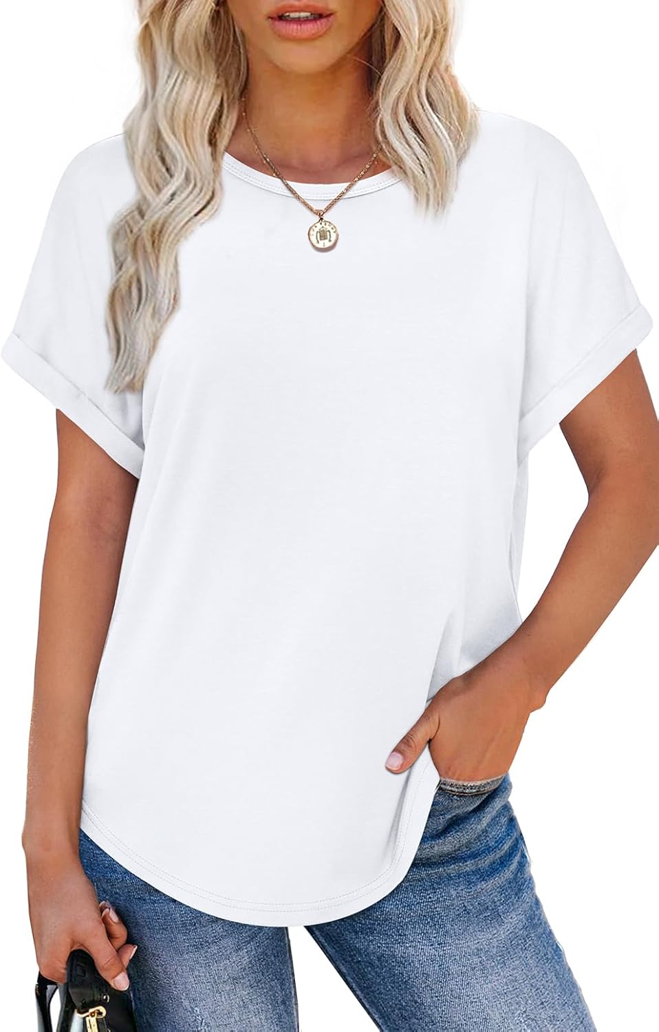 Womens T Shirts Crew Neck Rolled Short Sleeve Basic Summer Tees Curved Hem