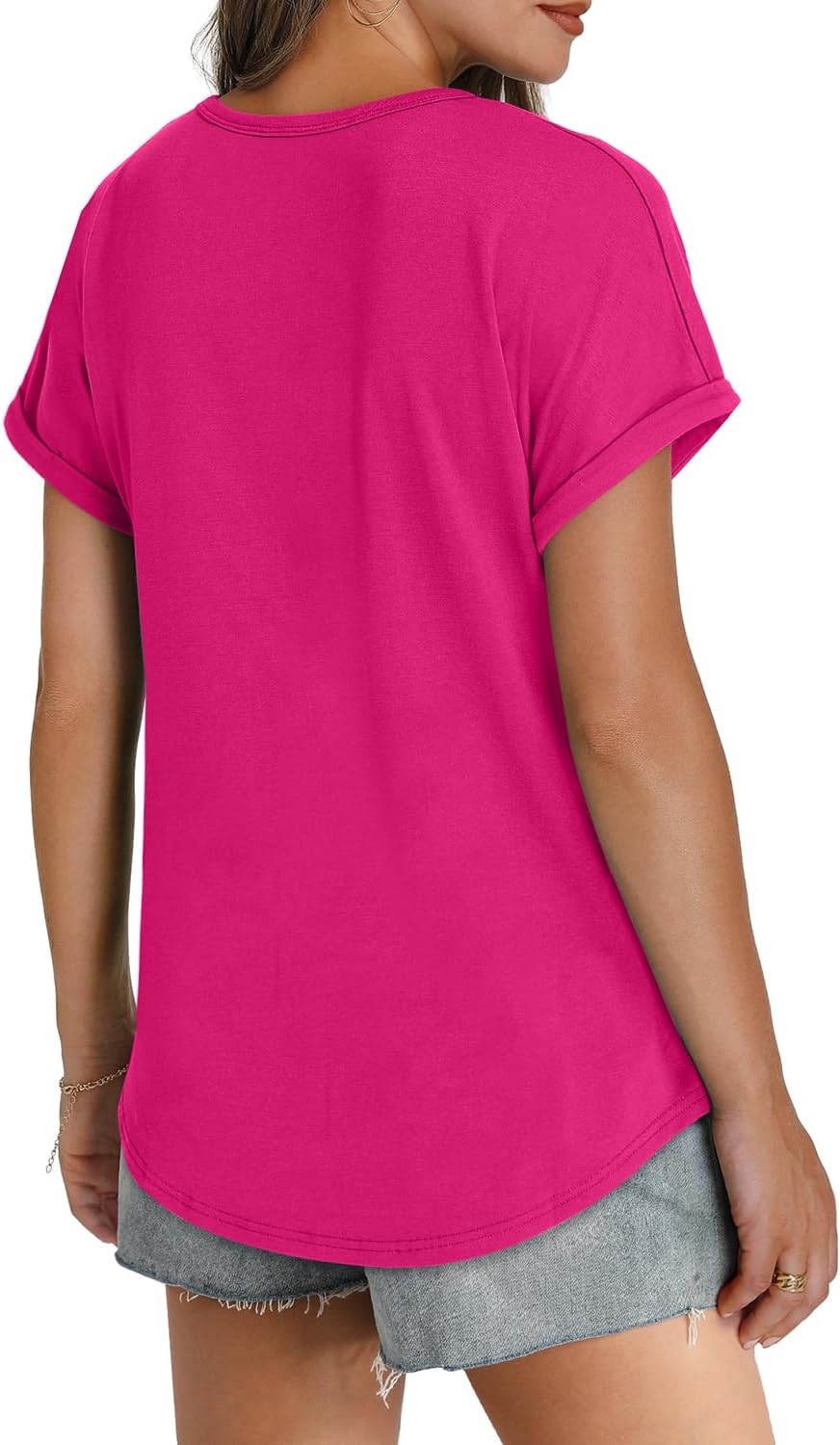 Womens T Shirts Crew Neck Rolled Short Sleeve Basic Summer Tees Curved Hem