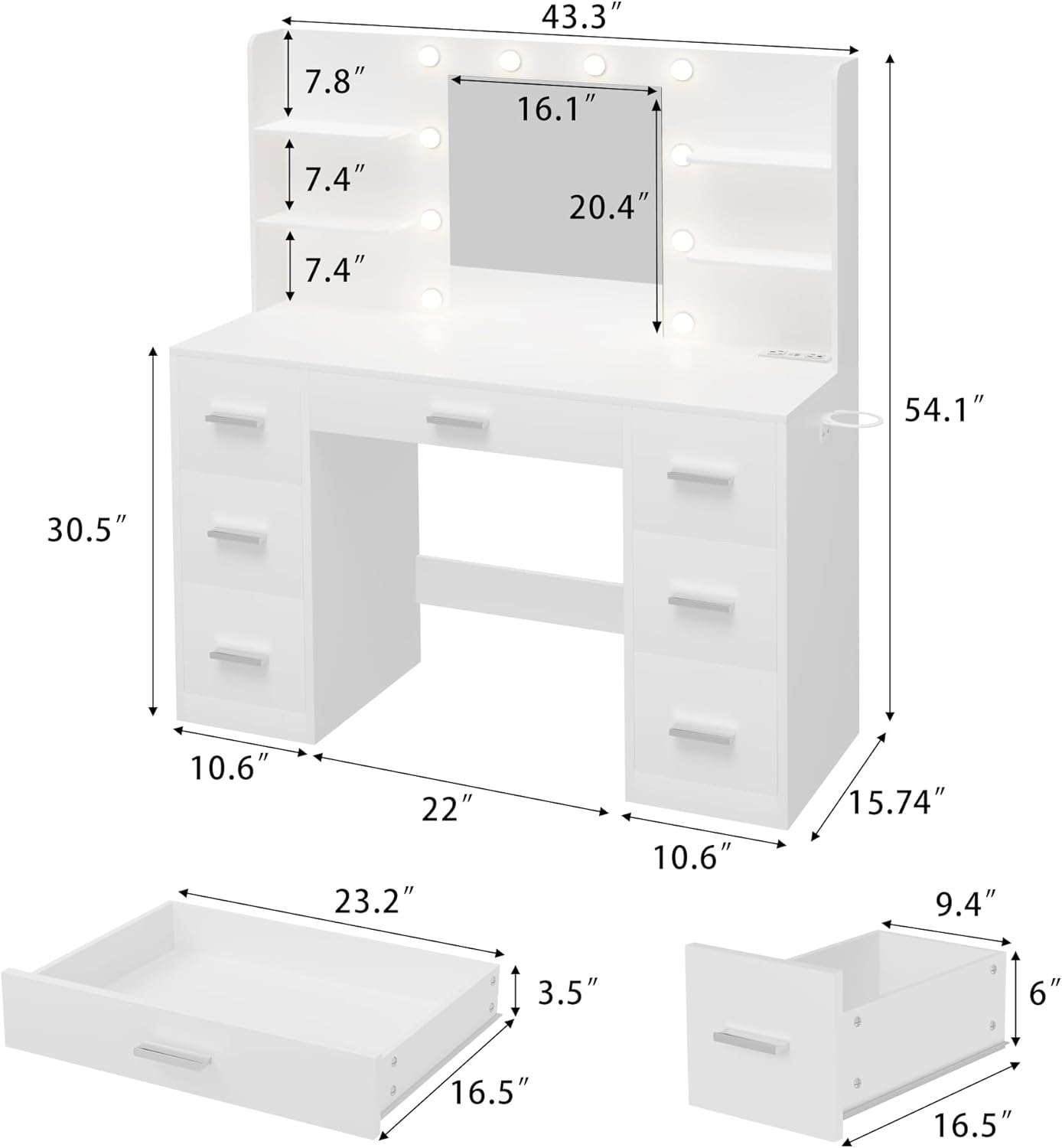 Furmax Vanity Desk with Mirror LED Lights and Power Outlet Makeup Vanity Table