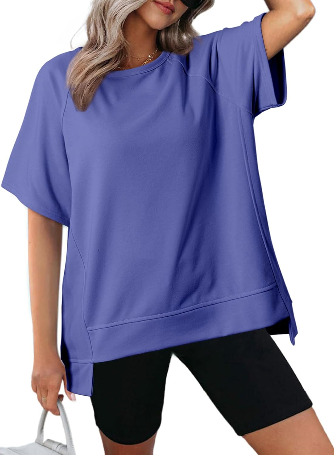 Crewneck Short Sleeve Casual Summer Tops Lightweight Loose High Low Blouse
