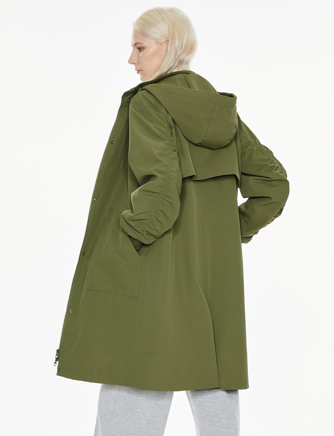 Womens Casual Hooded Raincoat Lightweight Long Zip Up Windbreaker Jacket with Belt