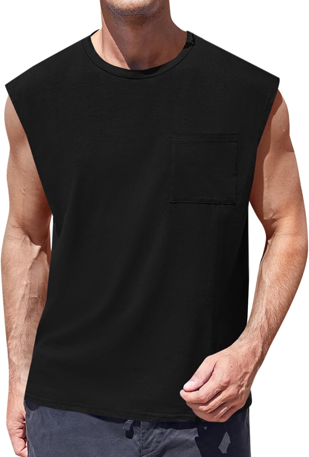 Mens Sleeveless Tank Tops Workout Cut Off Shirts Muscle Gym T Shirts with Pocket