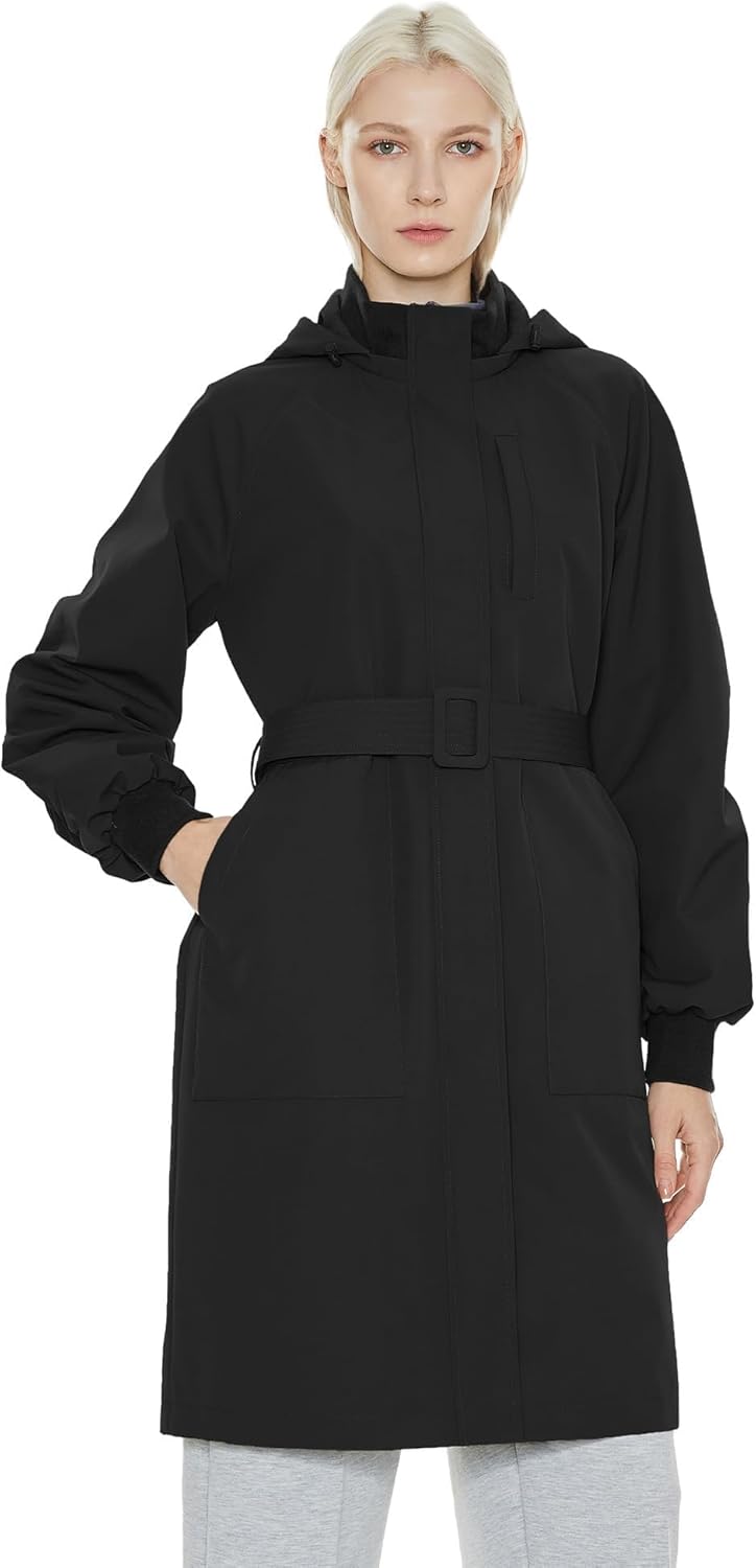 Womens Casual Hooded Raincoat Lightweight Long Zip Up Windbreaker Jacket with Belt