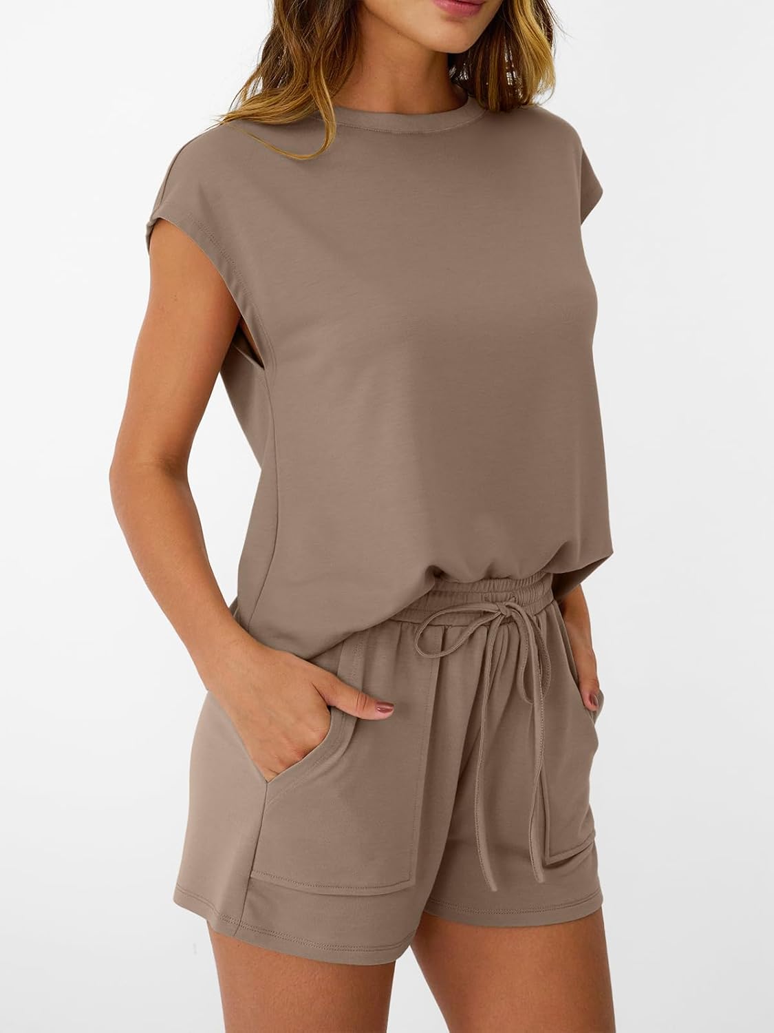Womens Crew Neck Two Piece short Sets Cap Sleeve Drawstring Sweatsuit with Pocket