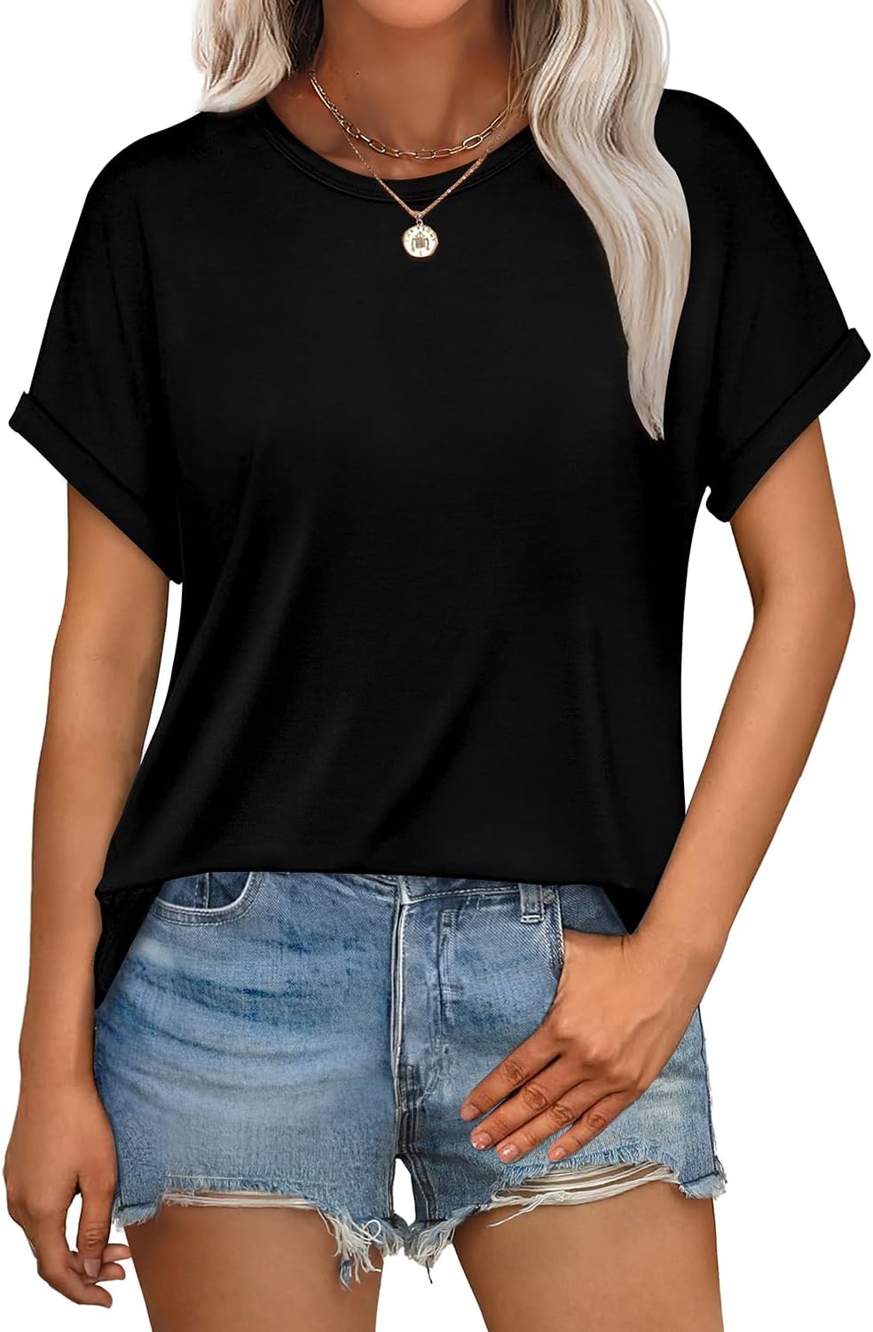 Womens T Shirts Crew Neck Rolled Short Sleeve Basic Summer Tees Curved Hem