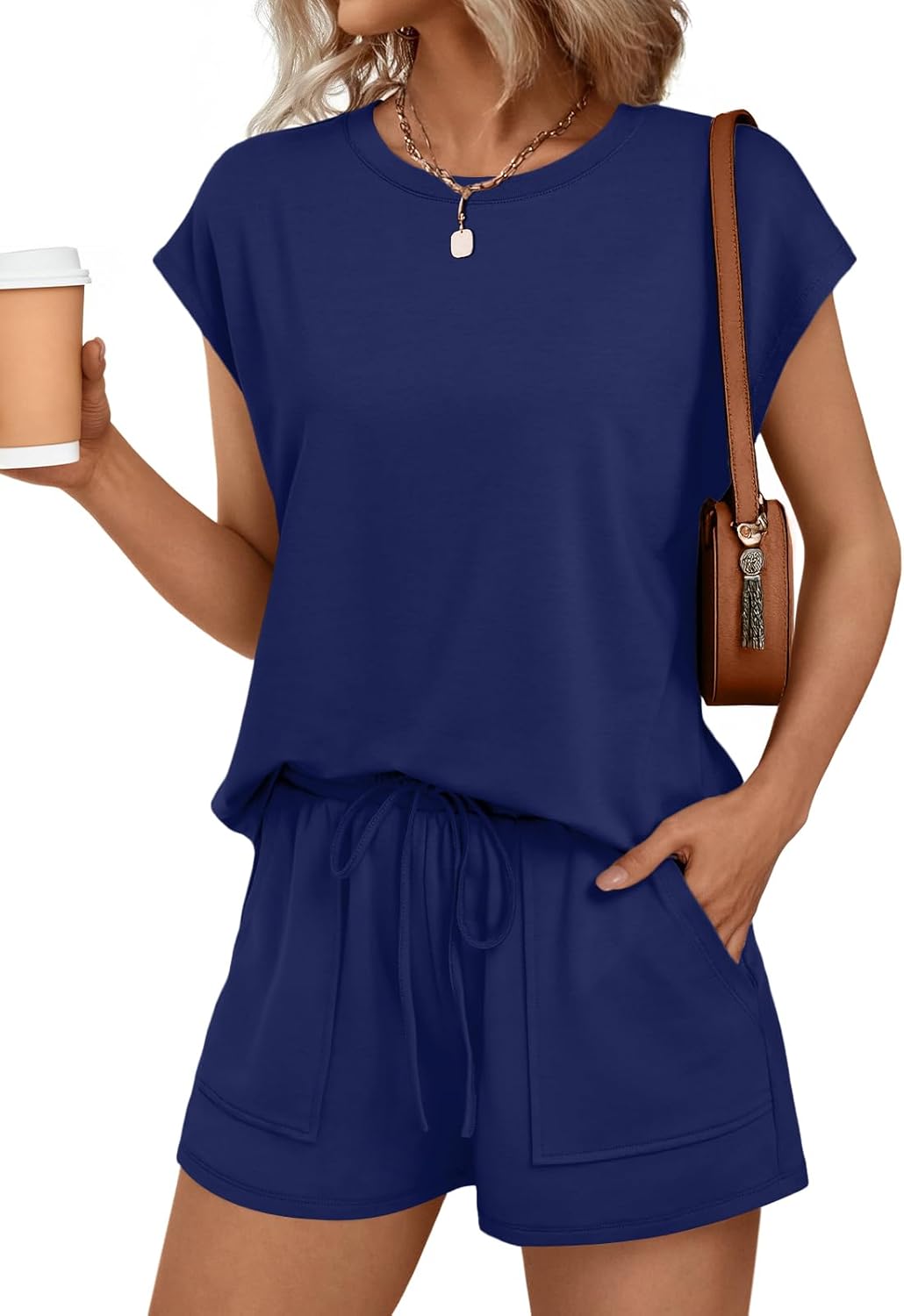 Womens Crew Neck Two Piece short Sets Cap Sleeve Drawstring Sweatsuit with Pocket