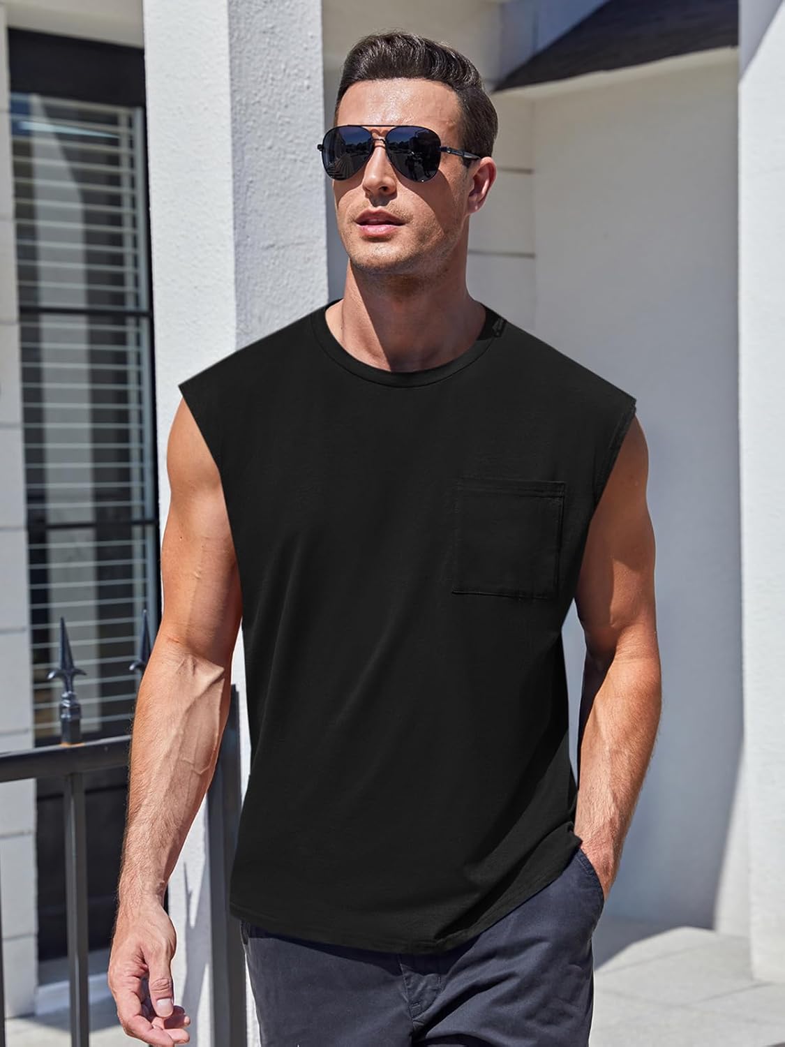 Mens Sleeveless Tank Tops Workout Cut Off Shirts Muscle Gym T Shirts with Pocket