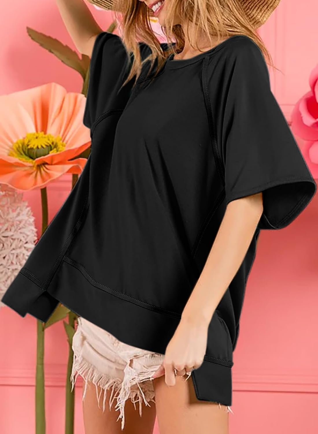 Crewneck Short Sleeve Casual Summer Tops Lightweight Loose High Low Blouse