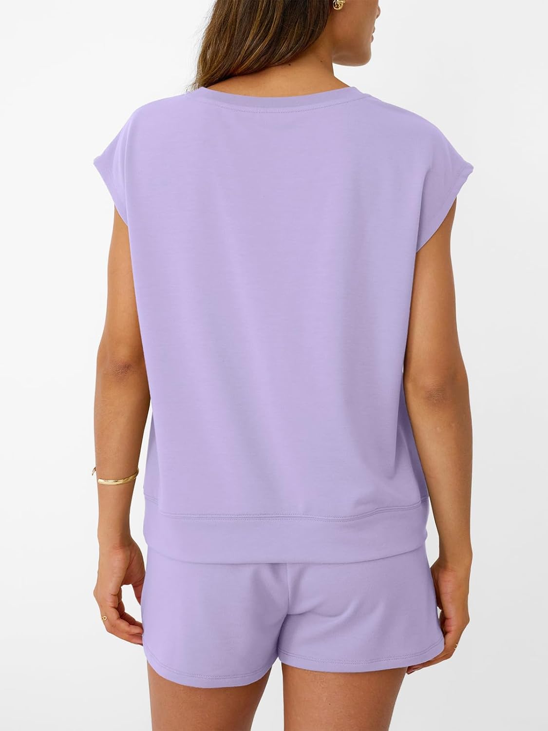 Womens Crew Neck Two Piece short Sets Cap Sleeve Drawstring Sweatsuit with Pocket