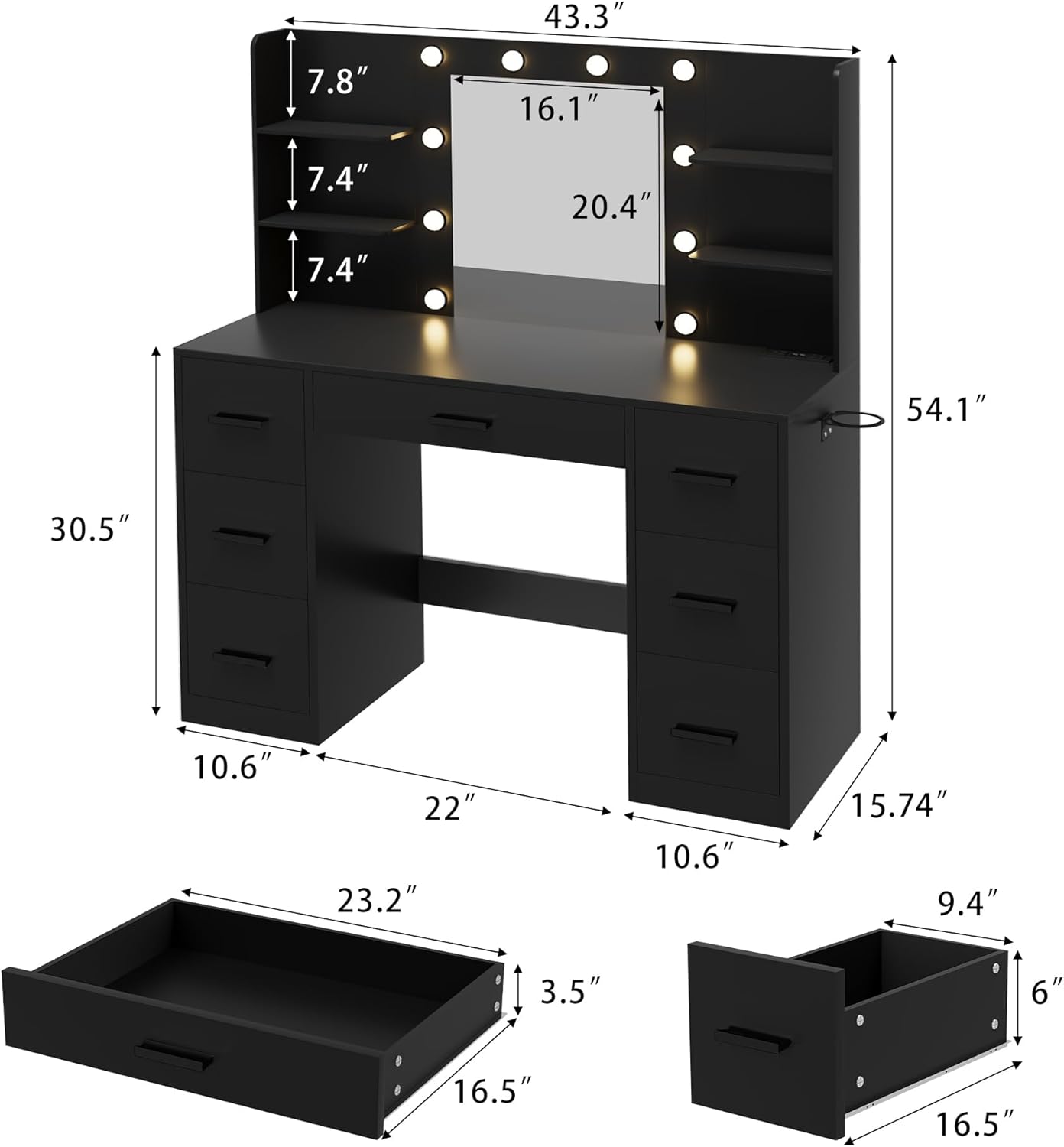 Furmax Vanity Desk with Mirror LED Lights and Power Outlet Makeup Vanity Table