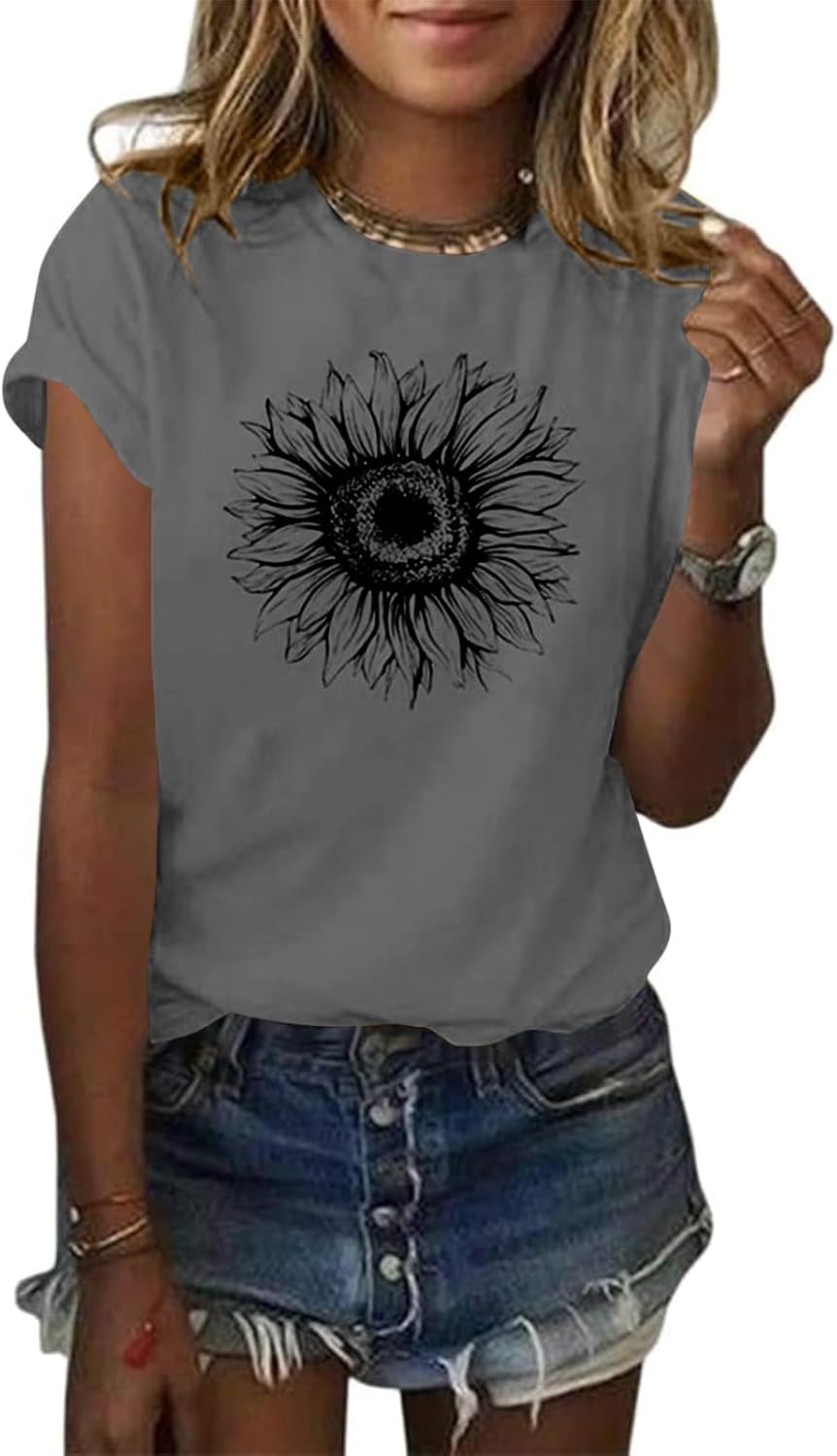 Women's T Shirts Short Sleeve Tees Sunflower Graphic Loose Summer Tops